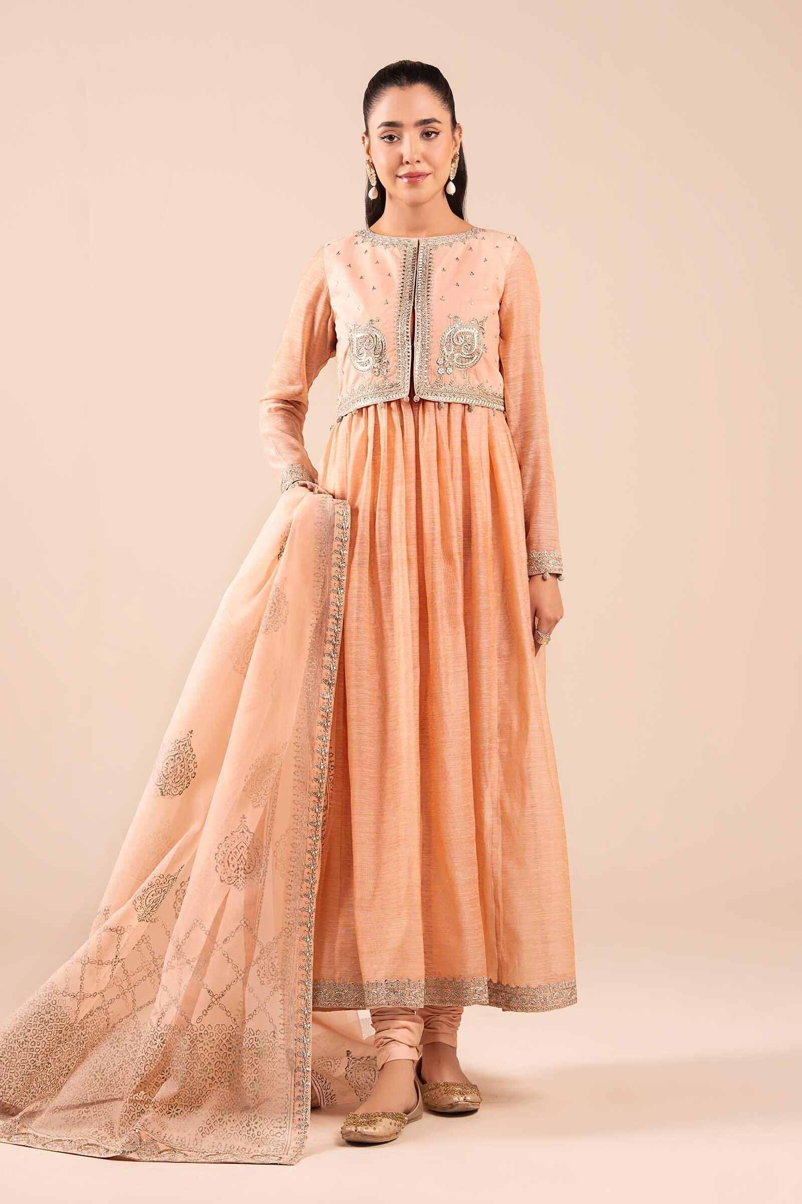 DW-EA25-58 Maria b Luxury Peach Embroidered Paper Cotton Frock Dress