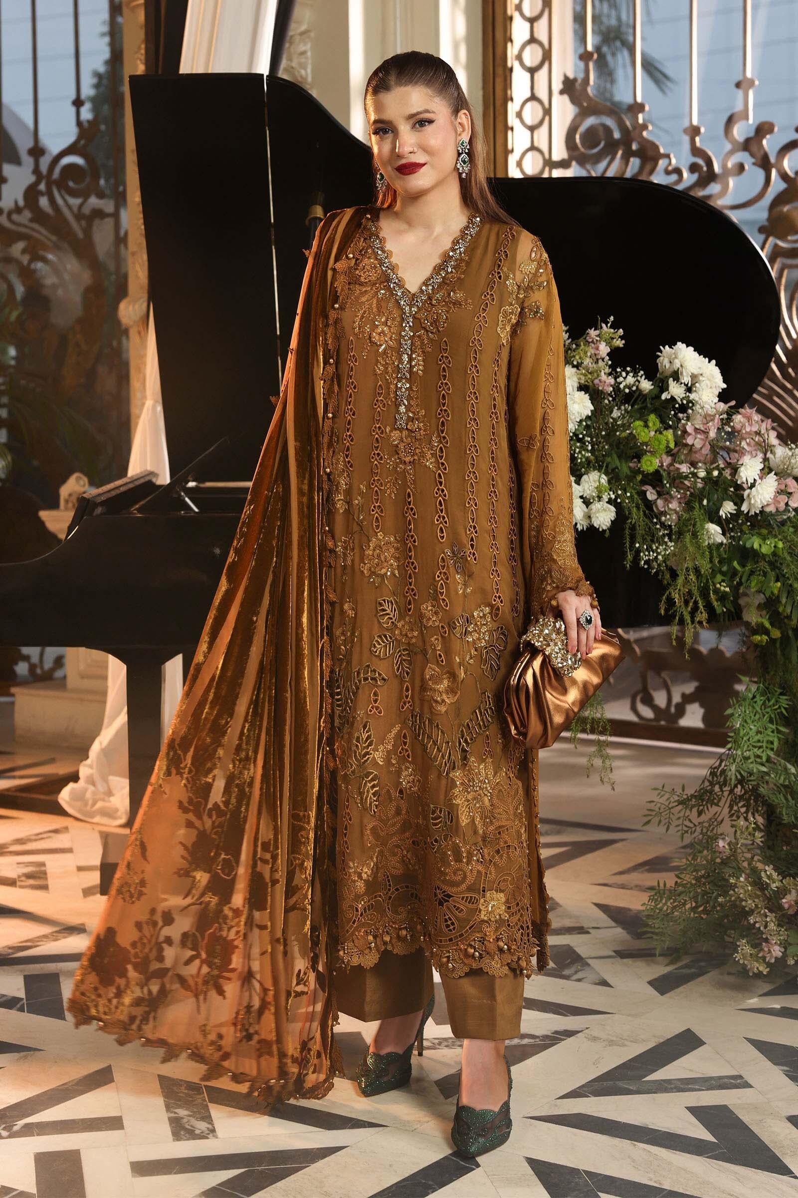 maria b brown dress Royal Tea Affair MPC-26-205-Mustard Embroidered Chiffon Custom stitching available Food & Drink Vintage 90s Short Sleeve Size:US5.5