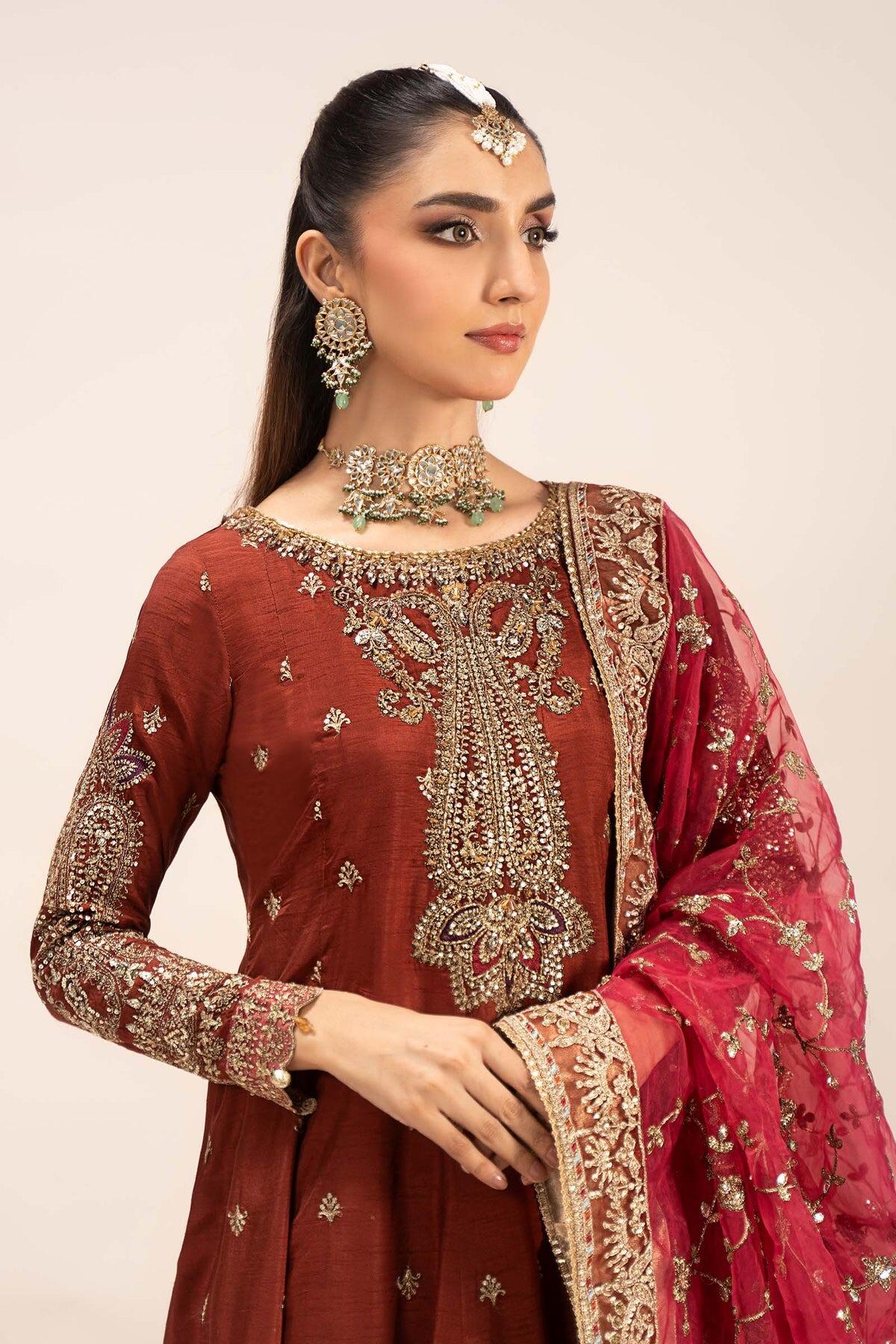SF-EF25-02 Maria b Luxury Formal Eid Pret Rust Embroidered Raw Silk Dress