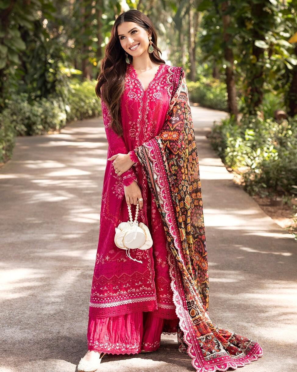 open lace back dress Lawn - Stitched printed 3 piece with chiffon dupatta
