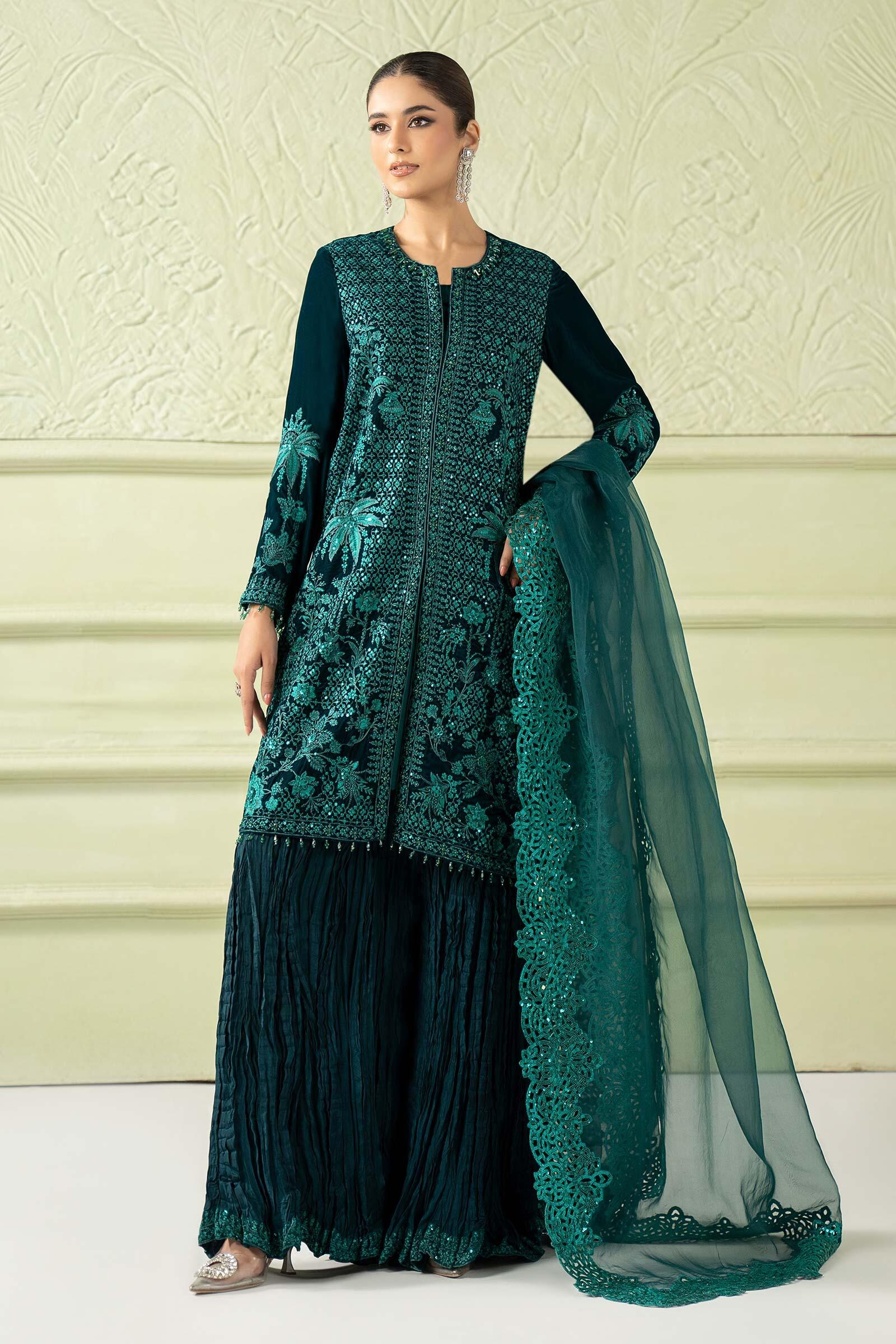 SF-W25-12 Maria b Luxury Formal Pret Green Embroidered Velvet Dress