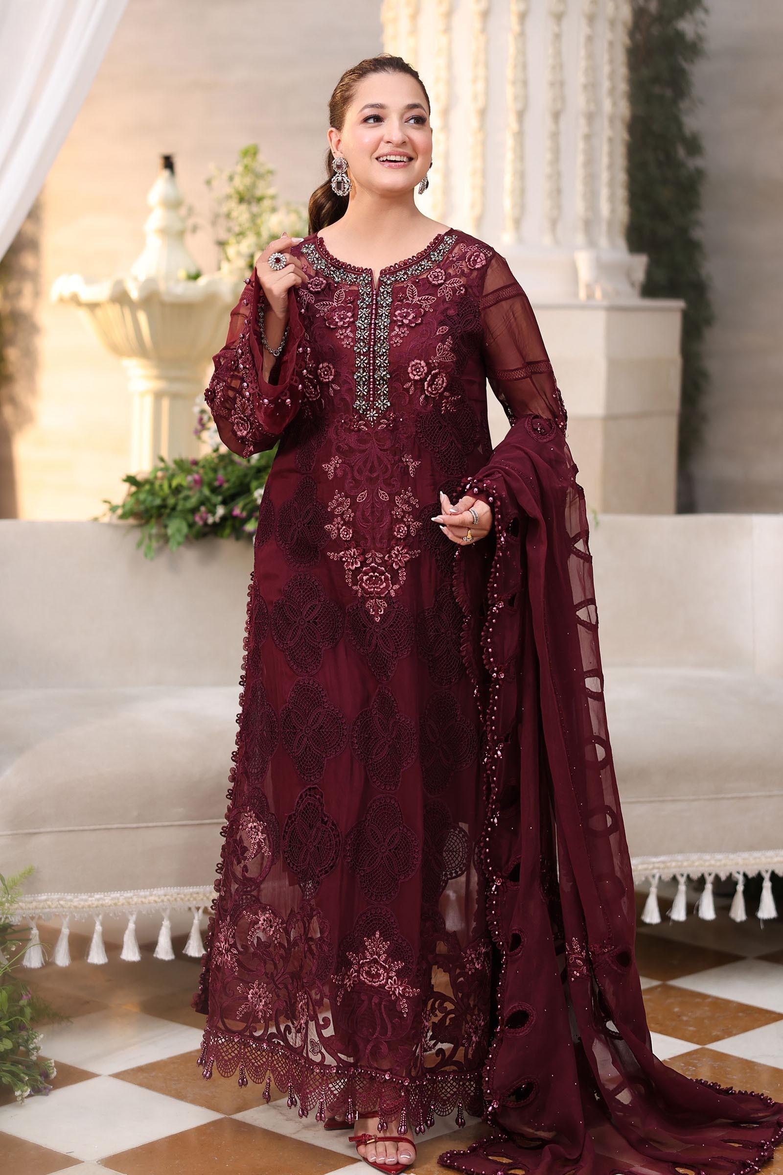 Rua By Faiza Saqlain Havin Luxury Wedding Festive Dark Magenta Pink  Embroidered Silk Maxi Dress