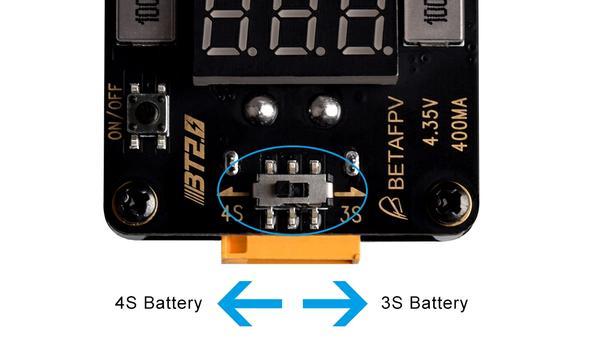 Note: If you plug battery with XT60 connector, please switch to corresponding Input voltage button. 3S battery-- 3S button, 4S battery-- 4S button. If you do not switch match button, it will unable to be charged. The power adapter can choose any Input voltage button.