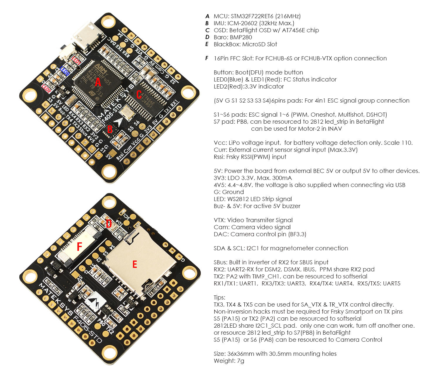 Matek F405-STD Flight controller layout