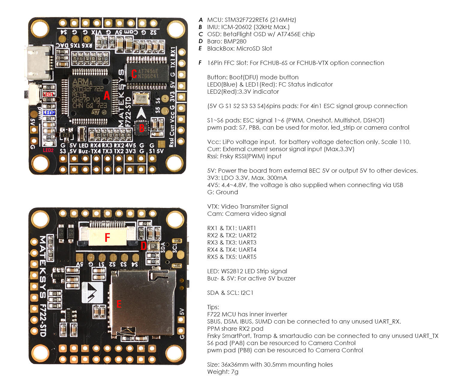 matek F722-STD FC layout and instructions