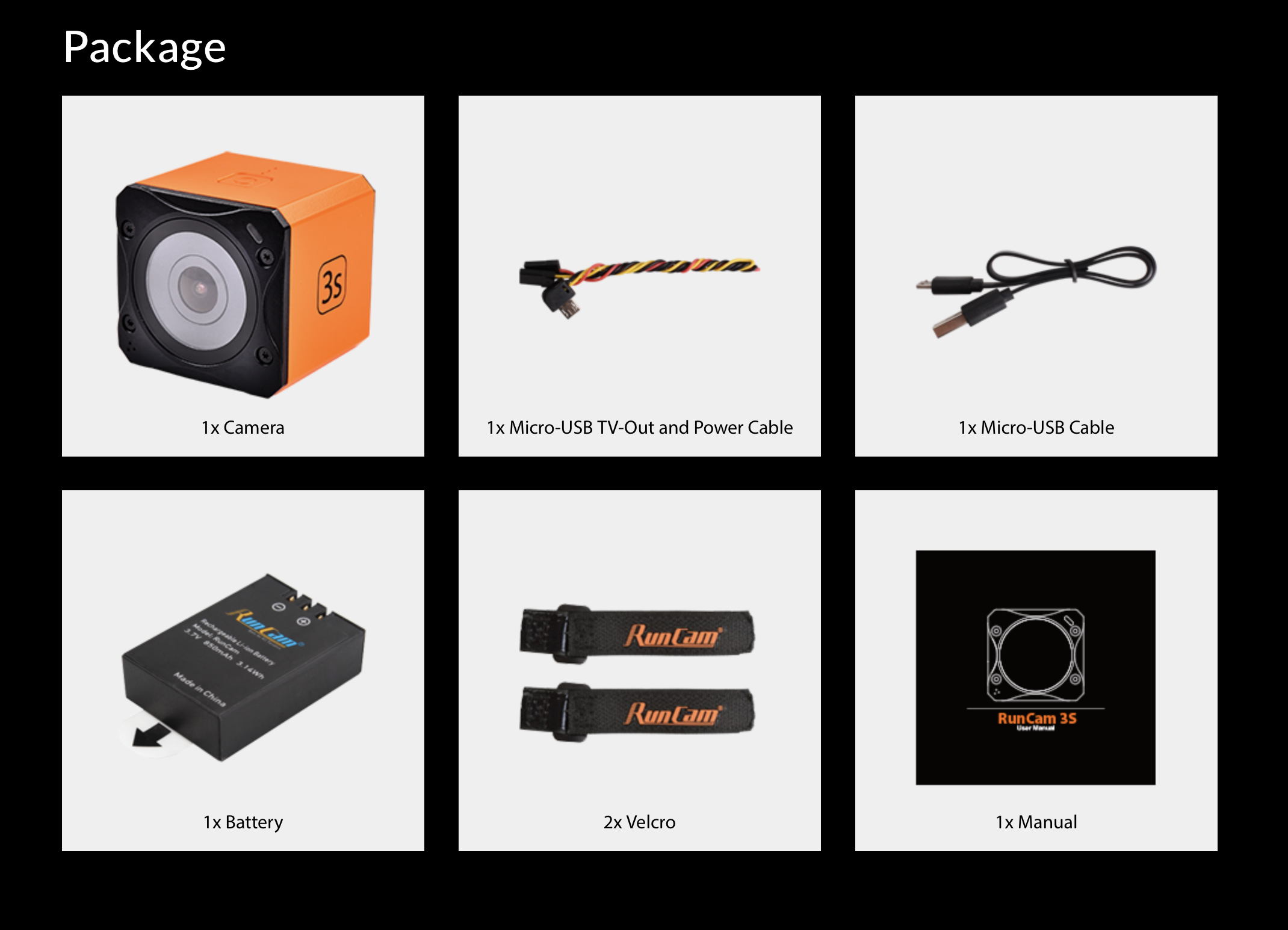 Contents and what's included in the Runcam 3S action camera