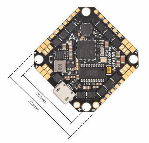 Mounting Pattern and Real Holes of Mounting Holes This board comes with standard 26.5x26.5mm mounting holes, which can install easily in most whoop and toothpick frames.