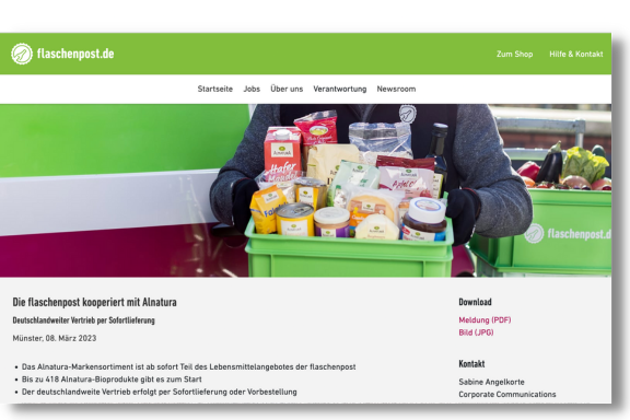 Delivery service “flaschenpost” increasingly focuses on organic quality. New cooperation with Alnatura.