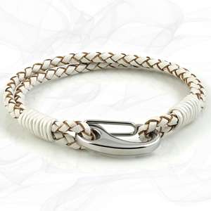 Stressed White Double Wrap Bolo Leather Bracelet with Steel Lobster Clasp by Tribal Steel