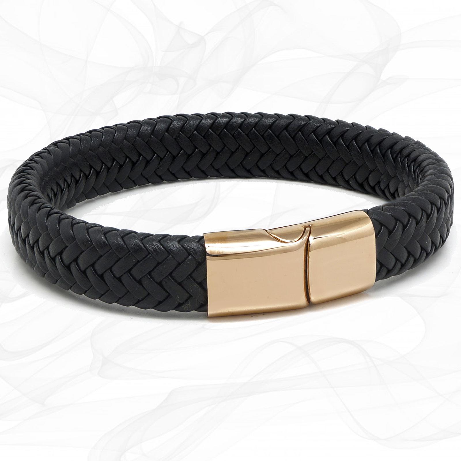 Chunky Black Super Soft Premium Leather Bracelet with a Rose Gold Sliding Magnetic Clasp.