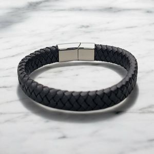 Black leather bracelet with stainless steel magnetic clasp and optional engraving, available in kids to adult sizes