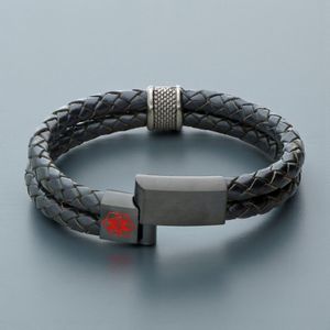 Black Braided Leather Medical Alert ID Bracelet Front View - Stainless Steel Engraving Clasp with Red Medical Alert Symbol