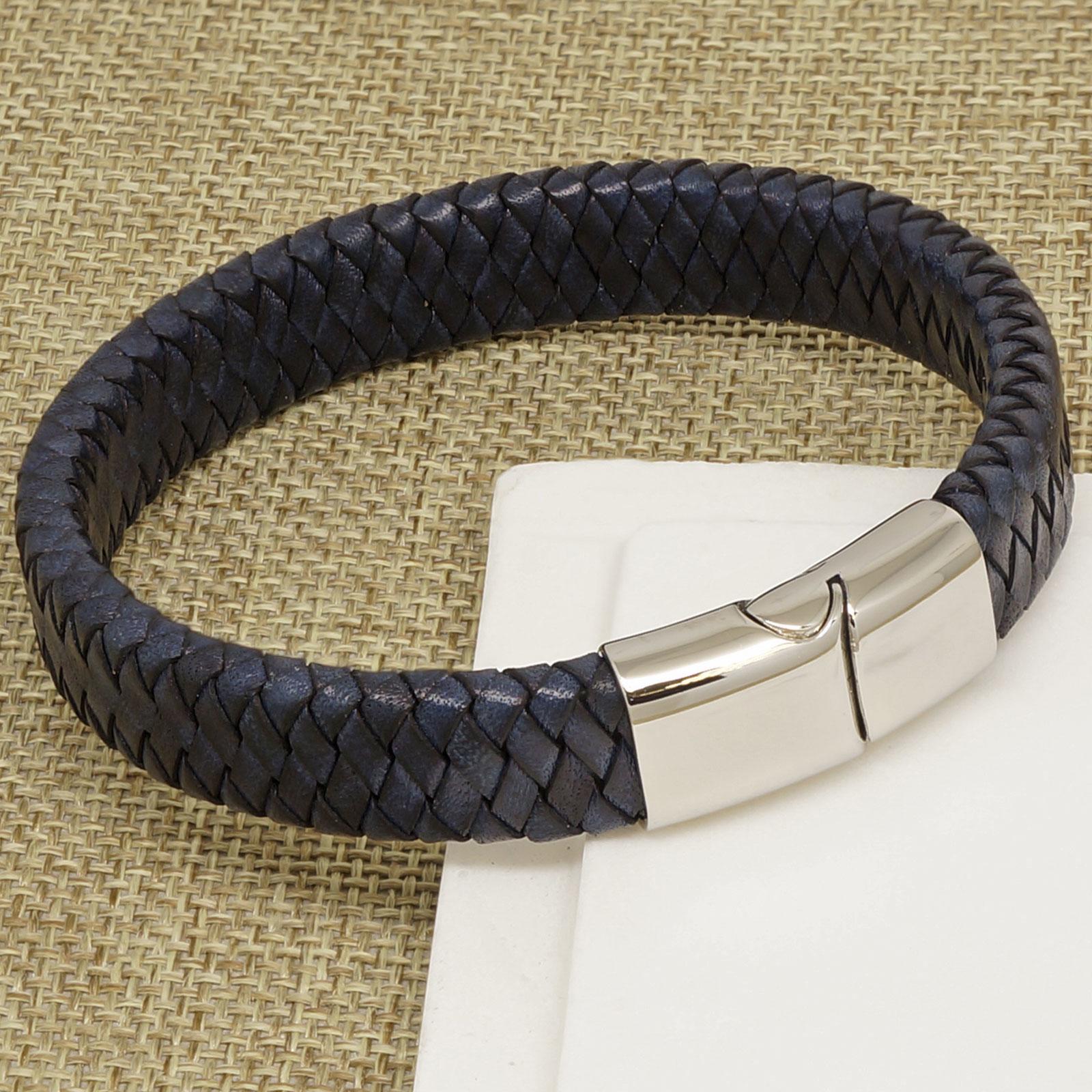 Mens Chunky Navy Blue Braided Leather Bracelet with a Silver Sliding Magnetic Clasp.