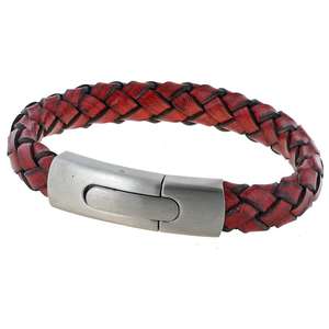 Mens Vintage Red Plaited Leather Bracelet with a Large Steel Clasp