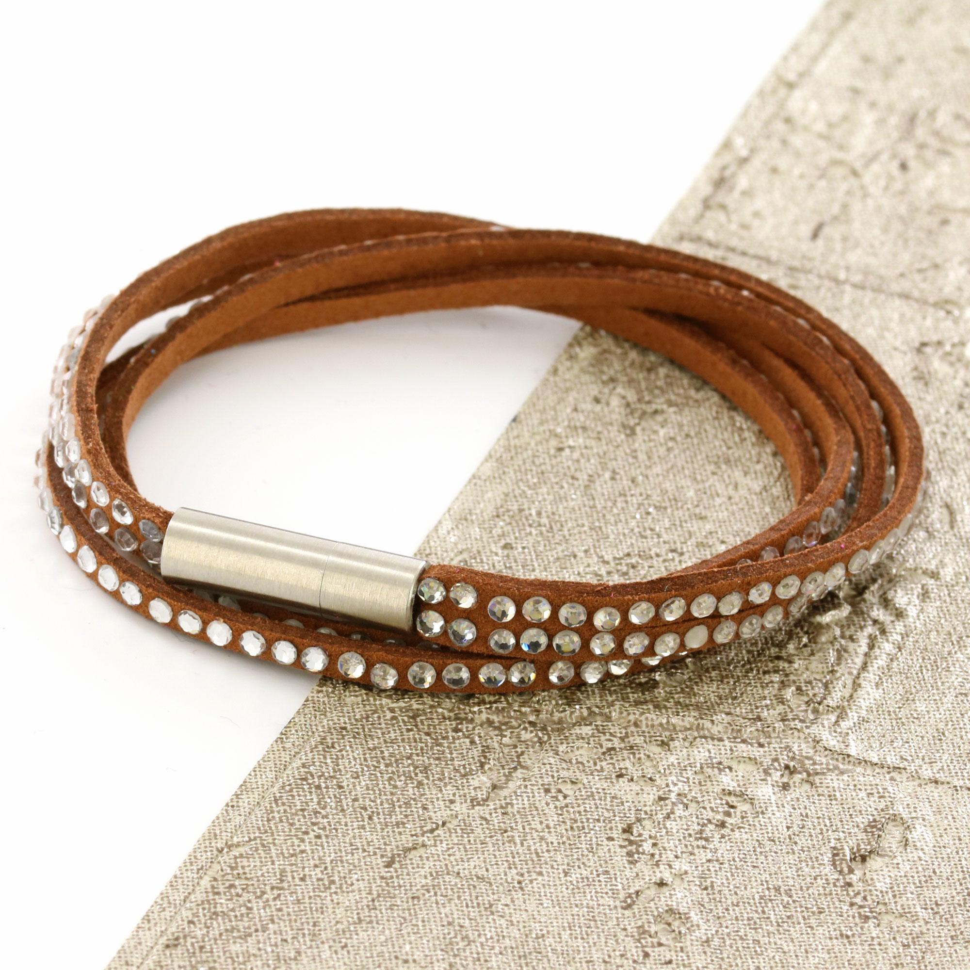 Brown Womens Stacker Leather Beaded Bracelet, Multi Row Layer Stack Wristband