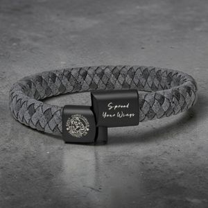 Grey St Christopher safe travels leather bracelet open showing magnetic stainless steel clasp