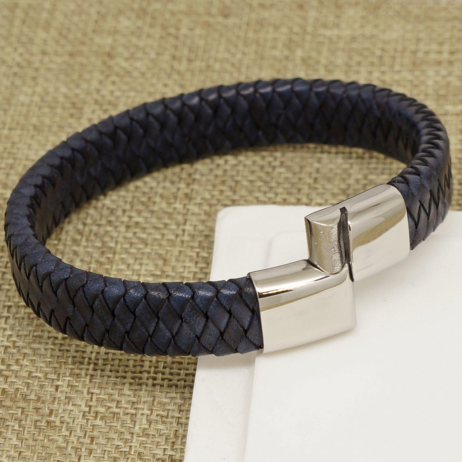 Wide Navy Blue Plaited Premium Leather Bracelet.