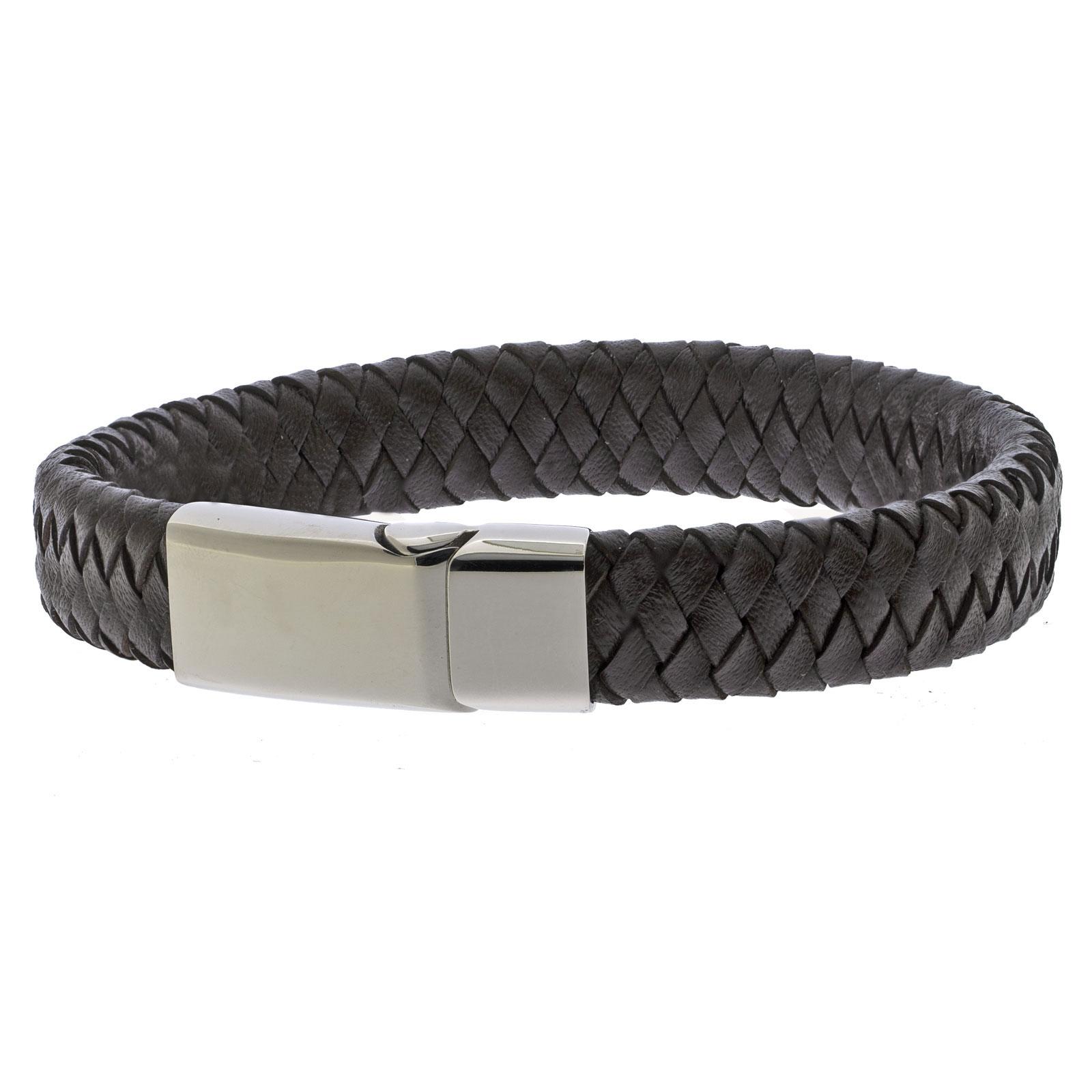 Brown Braided Leather Bracelet for men with a steel magnetic sliding clasp