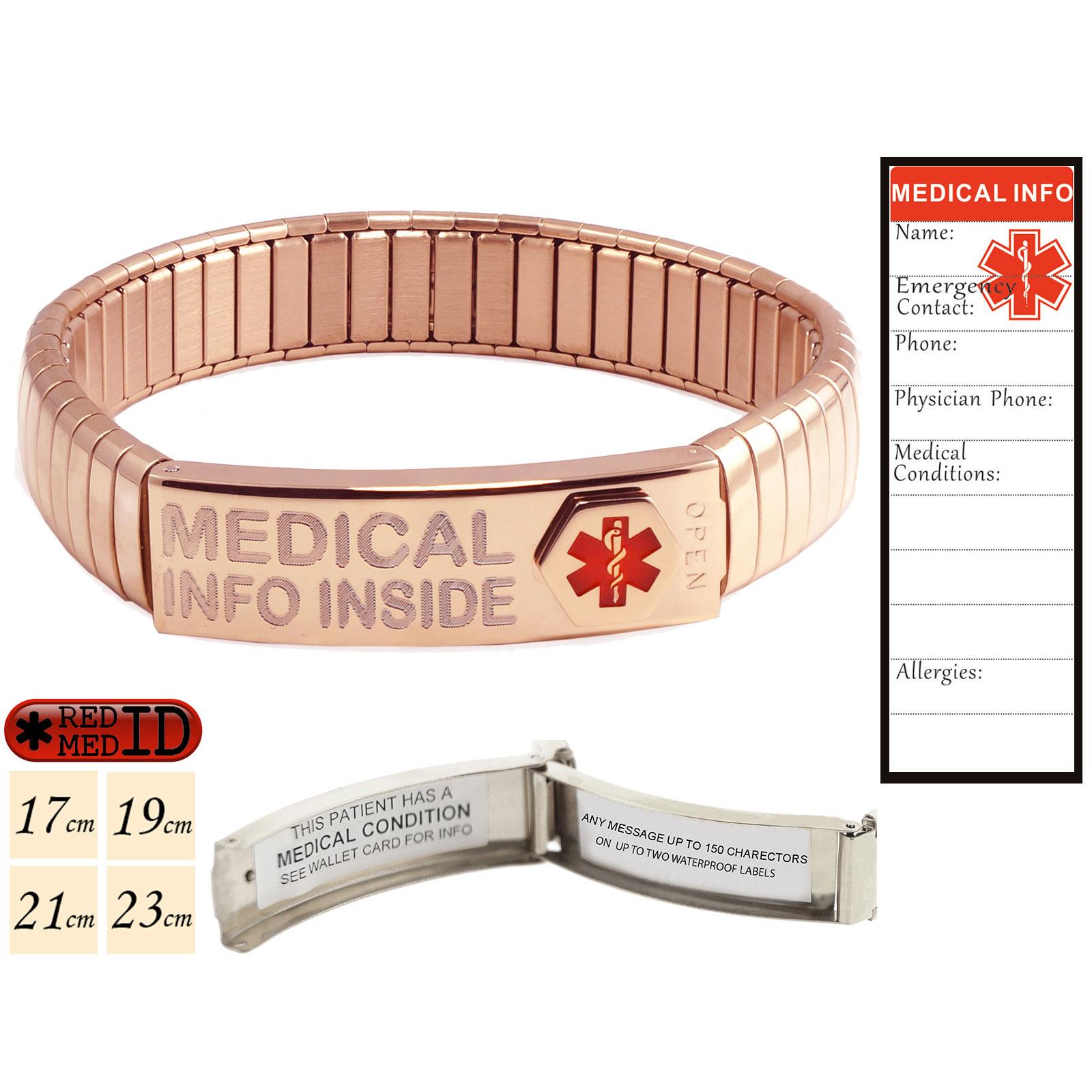 Rose Gold Stainless Steel Medical Alert ID Bracelet with pre-printed Waterproof Labels