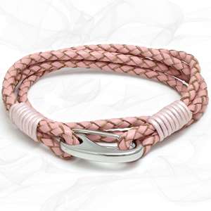 Pink Quad Wrap Bolo Leather Bracelet with Steel Lobster Clasp by Tribal Steel
