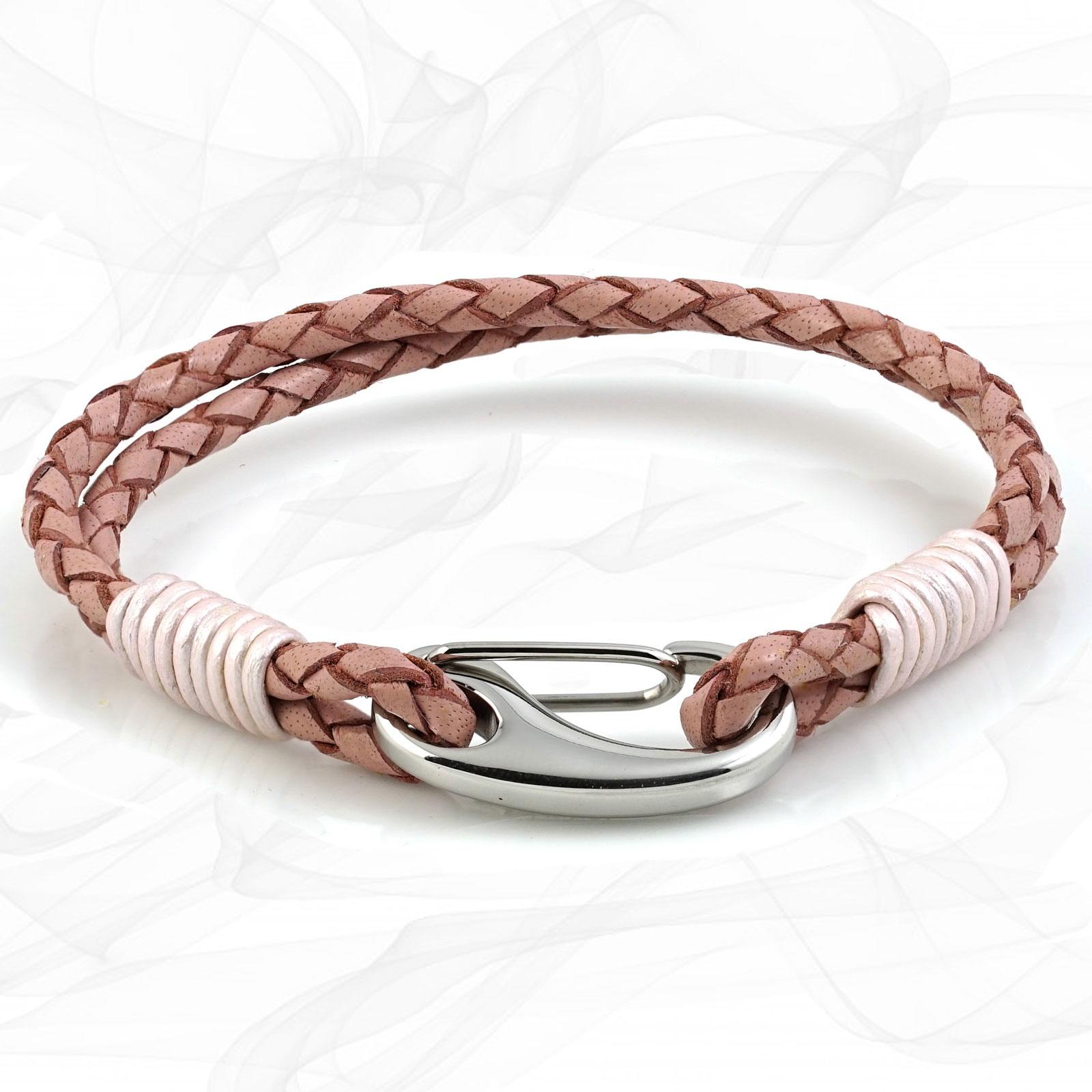 Pink Double Wrap Bolo Leather Bracelet with Steel Lobster Clasp by Tribal Steel