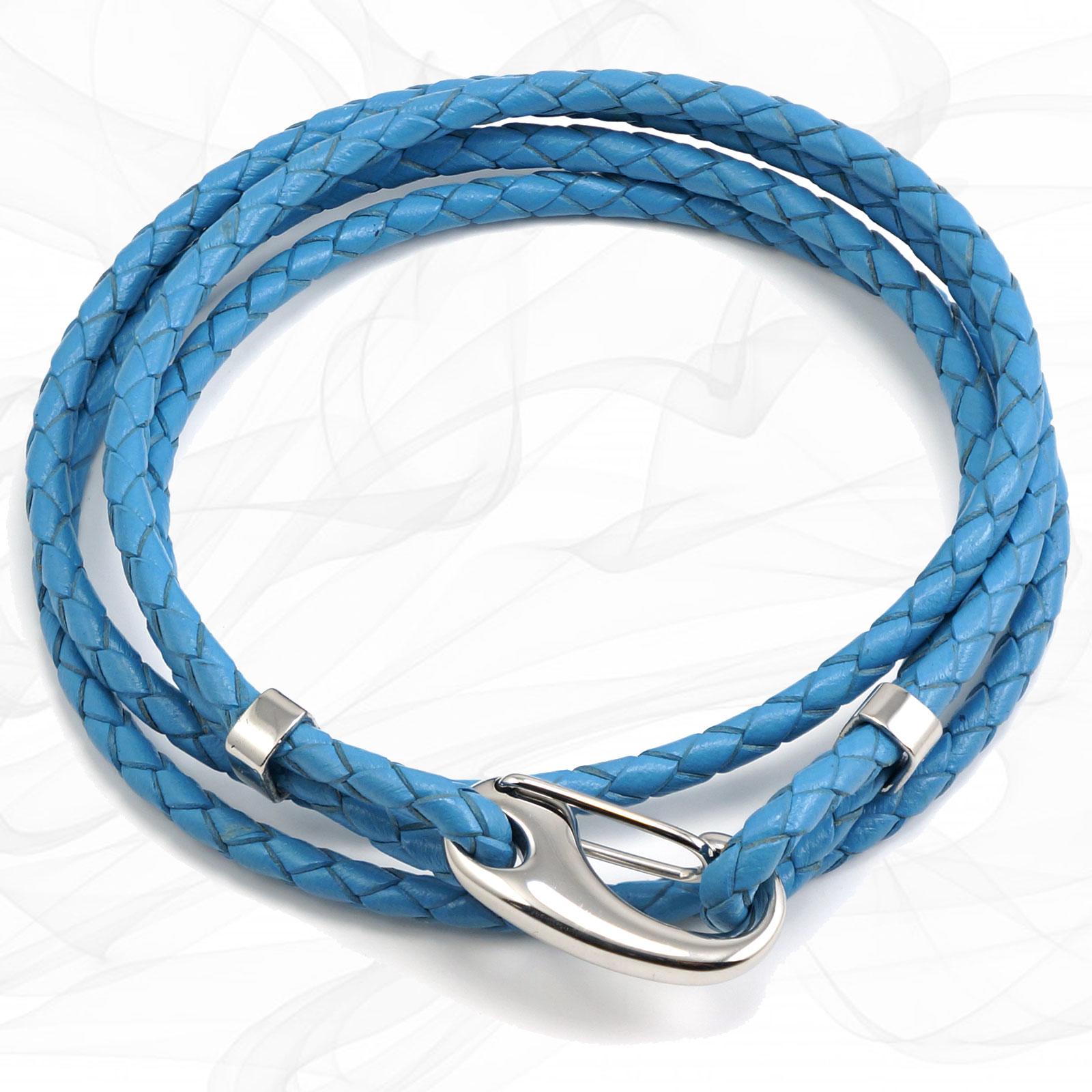 Blue Four Strap Bolo Leather Bracelet with a Petit Steel Lobster Clasp