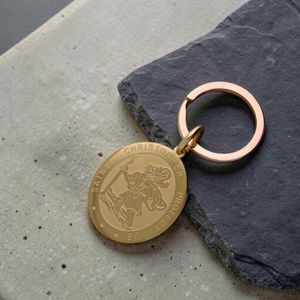 Large mirror-polished gold tone oval Saint Christopher keyring – stainless steel personalised traveller's keyring