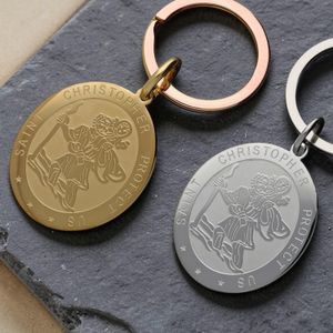 Large polished oval Saint Christopher keyrings in silver and gold stainless steel – engraved travellers gift keyring