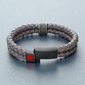 Brown Braided Leather Medical Alert ID Bracelet Front View - Stainless Steel Clasp with Red Medical Alert Symbol, Personalised Laser Engraving