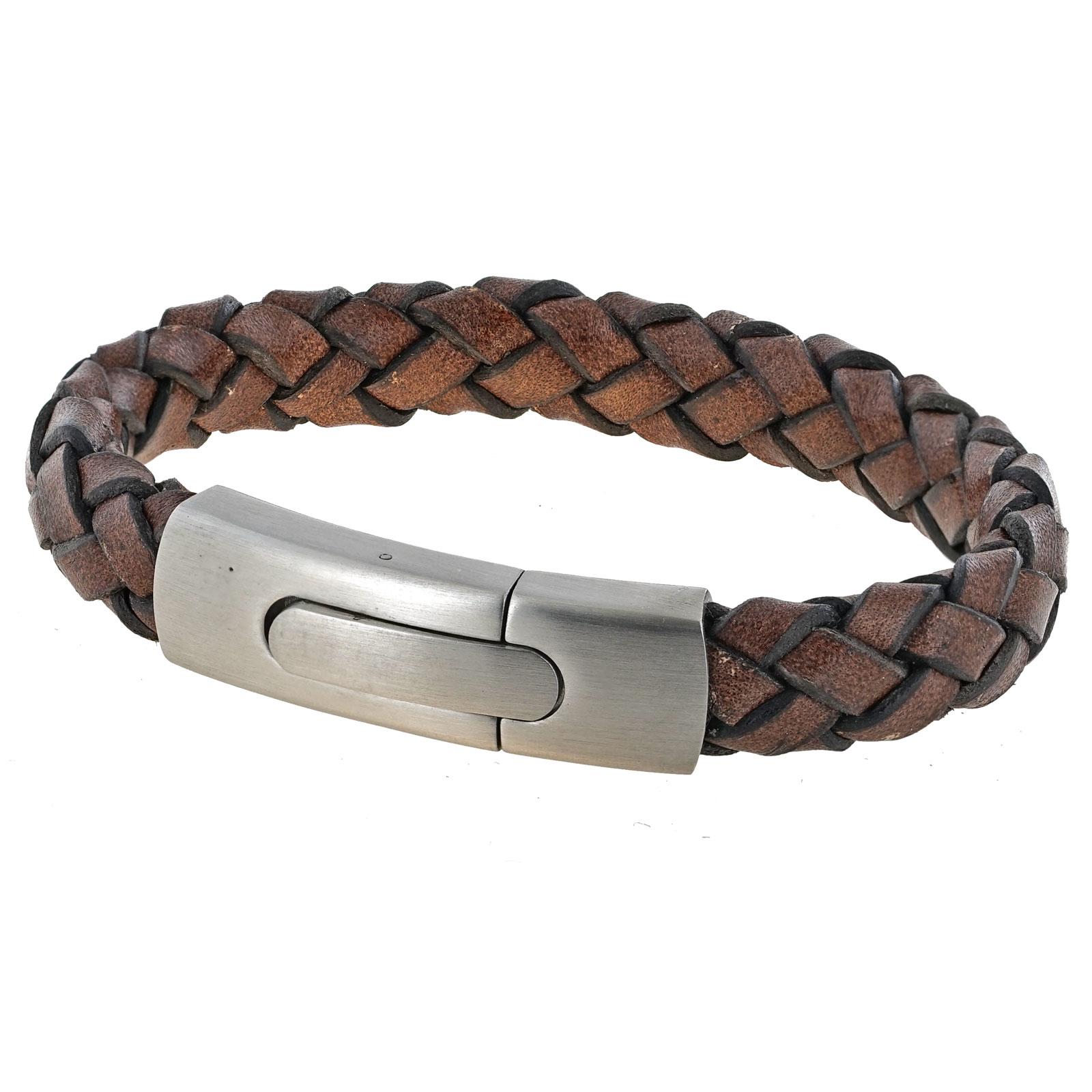 Mens Vintage Brown Plaited Leather Bracelet with a Large Steel Clasp