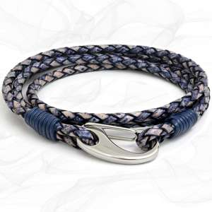 Denim Blue Quad Wrap Bolo Leather Bracelet with Steel Lobster Clasp by Tribal Steel