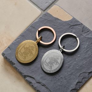 Large polished oval Saint Christopher keyrings in silver and gold stainless steel – engraved travellers gift keyring