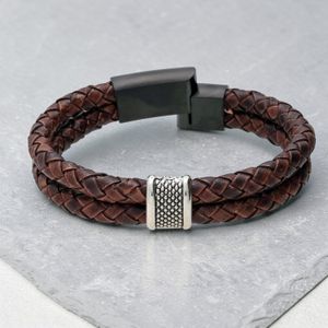 Leather medical alert bracelet cherry colour option showing personalised laser engraved stainless steel medical ID clasp detail