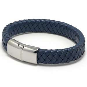Mens Chunky Denim Blue Braided Leather Bracelet with a Silver Sliding Magnetic Clasp.