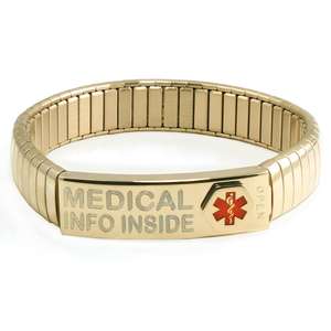 Gold Stainless Steel Medical Alert ID Bracelet with pre-printed Waterproof Labels