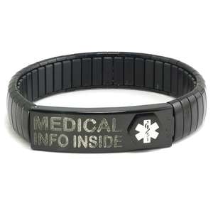 Black Stainless Steel Medical Alert ID Bracelet with pre-printed Waterproof Labels