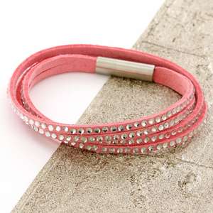 Pink Womens Stacker Leather Beaded Bracelet, Multi Row Layer Stack Wristband