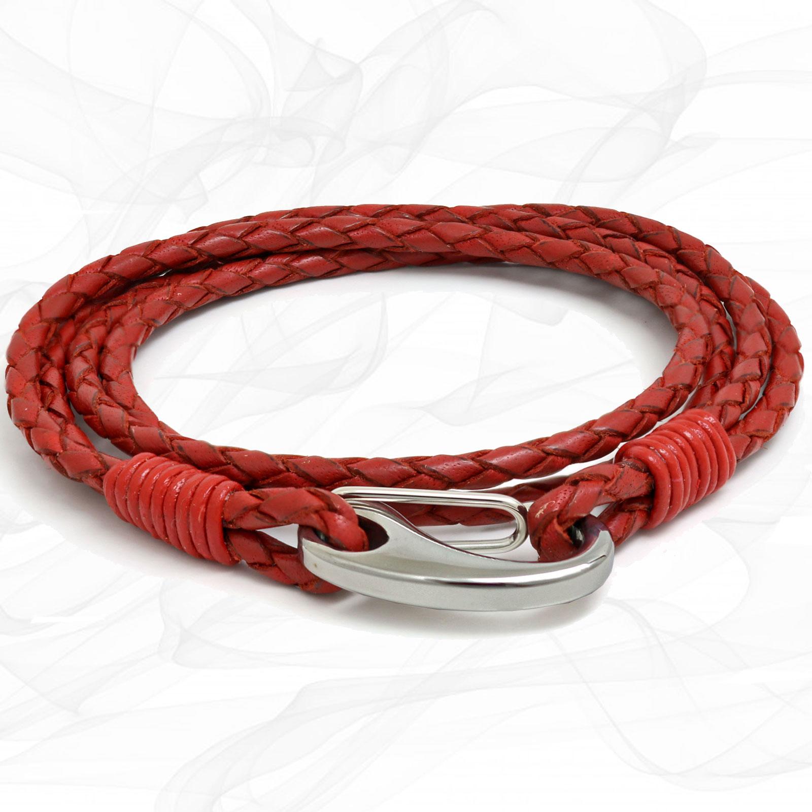 Red Quad Wrap Bolo Leather Bracelet with Steel Lobster Clasp by Tribal Steel