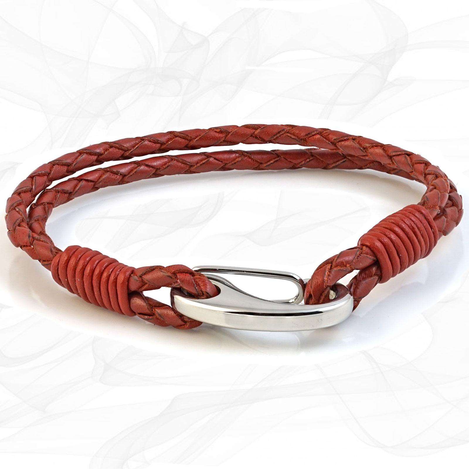 Red Double Wrap Bolo Leather Bracelet with Steel Lobster Clasp by Tribal Steel