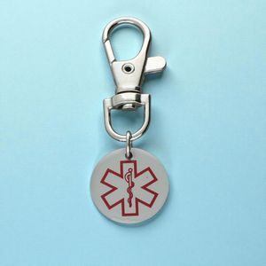 Steel medical alert keyring with red medical symbol and lobster clasp