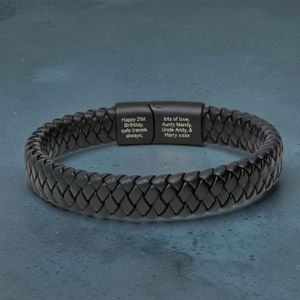 Black leather St Christopher safe travels bracelet inside view showing personalised engraving
