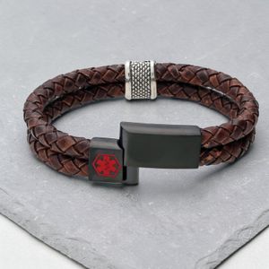 Leather medical alert bracelet worn on wrist showing adjustable braided cord design and hypoallergenic stainless steel clasp, unisex
