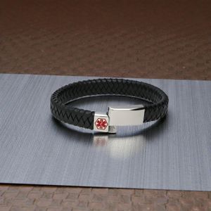 Leather medical alert bracelet laid flat showing adjustable strap and clasp