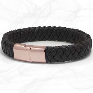 Mens Chunky Brown Lamb Leather Plaited Bracelet with a Rose Gold Sliding Magnetic Clasp.