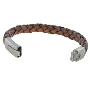 Mens Vintage Brown Plaited Leather Bracelet with a Large Steel Clasp