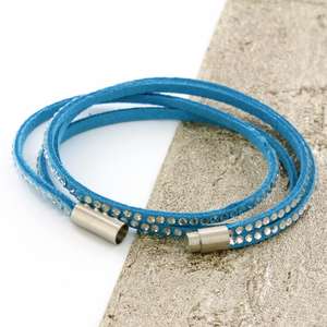 Blue Womens Stacker Leather Beaded Bracelet, Multi Row Layer Stack Wristband