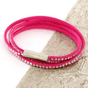 Pink Womens Stacker Leather Beaded Bracelet, Multi Row Layer Stack Wristband
