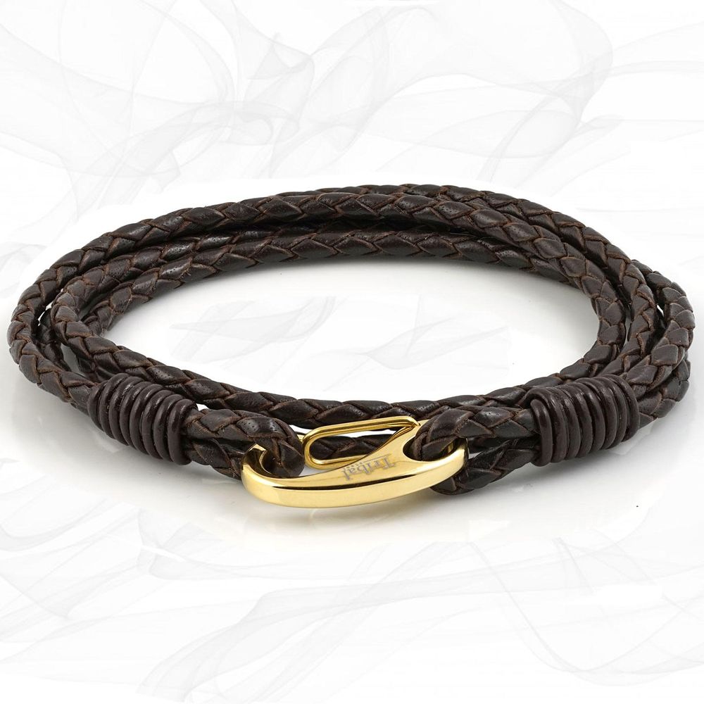Brown Quad Wrap Bolo Leather Bracelet with a Gold Collored Steel Lobster Clasp by Tribal Steel