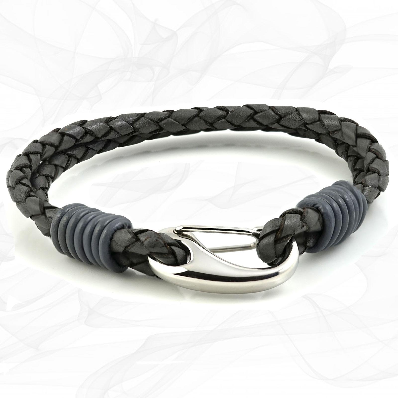 Grey Double Wrap Bolo Leather Bracelet with Steel Lobster Clasp by Tribal Steel