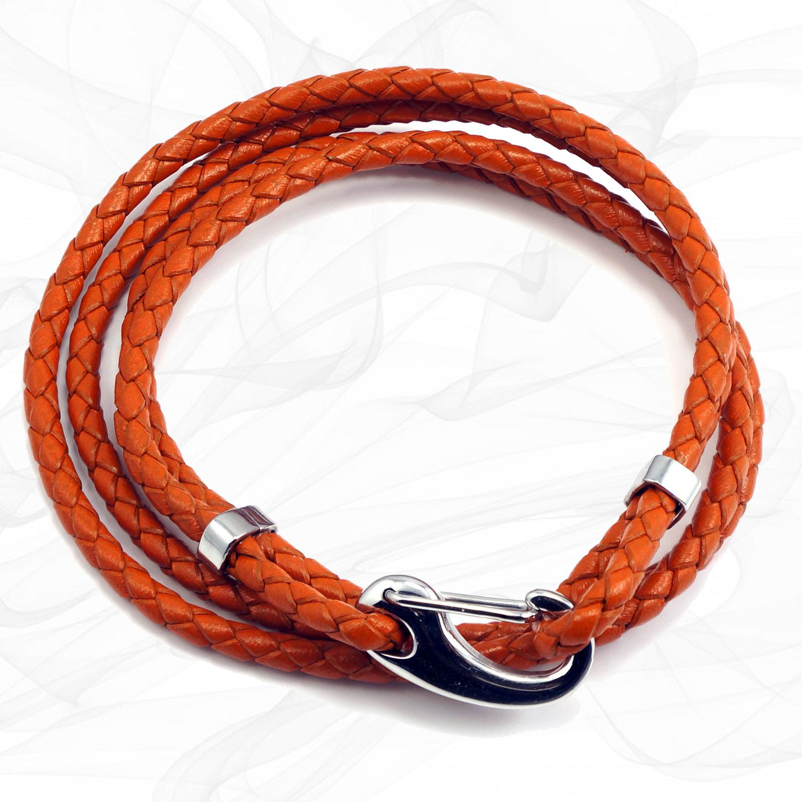 Orange Four Strap Bolo Leather Bracelet with a Petit Steel Lobster Clasp